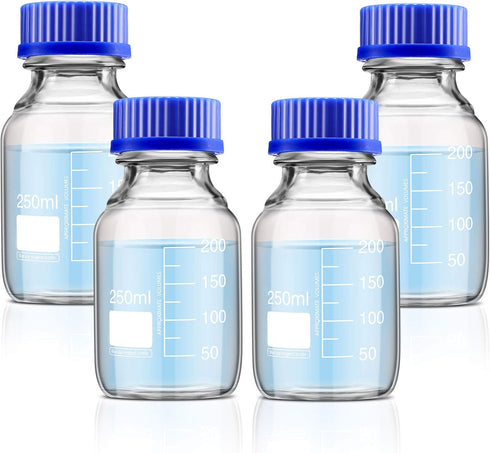 Patelai 4 Pieces Borosilicate Glass Round Media Storage Bottles, 250 ml with GL45 Blue Screw Cap for Lab Liquids