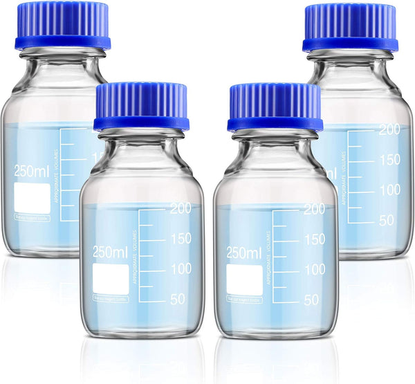 Patelai 4 Pieces Borosilicate Glass Round Media Storage Bottles, 250 ml with GL45 Blue Screw Cap for Lab Liquids