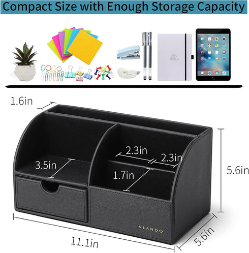 Vlando Black Leather Office Desk Organizer Caddy with Drawer for Storing Desktop Supplies and Accessories