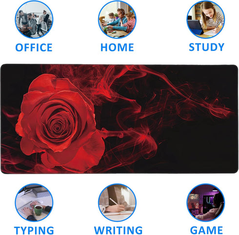 Large Extended Mouse Pad Red Smoke Rose Desk Mat, Big Desk Pad with Thick Stitched Edges for Home Office or Gaming,
