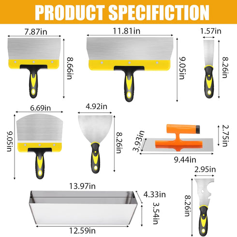 Set, 8 12" DEKEones Drywall Knife Pieces Stainless Steel Drywall Hand Tool Kit Includes Taping Knives, Putty Knives