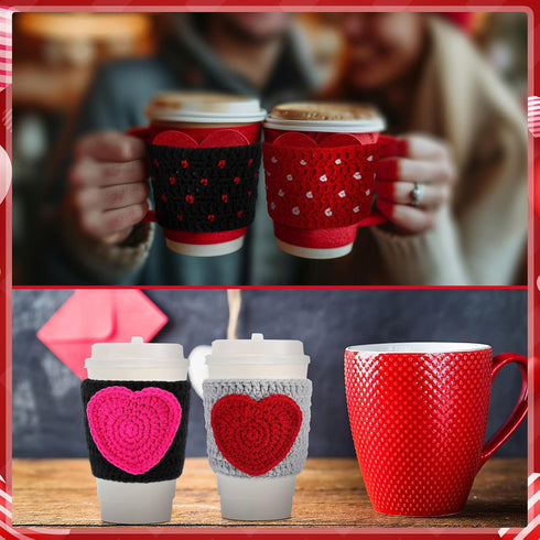Zhehao 6 Set Valentine's Day Teacher Gift Crochet Coffee Cup Sleeve with Thanks A Latte Coffee Card Galentine's Day