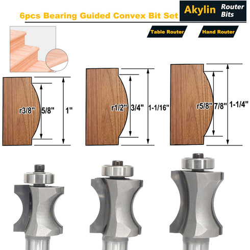 6Pcs Set 1/2" 5/16",3/8",1/2",5/8",3/4",7/8" Akylin's Convex Edge Oval Router Bit Shank, Shallow Bullnose at at