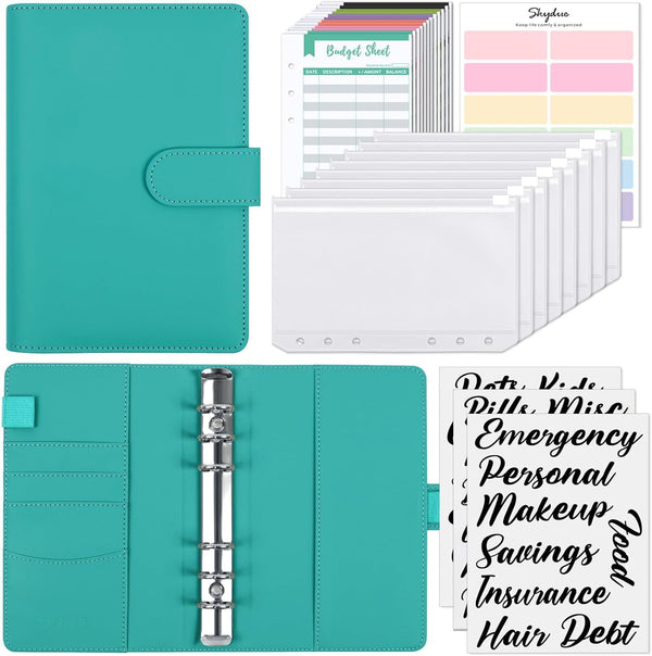 SKYDUE Budget Binder, Money Saving Binder with Zipper Envelopes, Cash Envelopes and Expense Sheets (Turquoise)