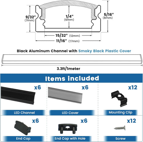 6Pack 3.3FT/1M U1SW 1M Muzata LED Channel Black Aluminum U Shape LED Strip Channel with Transparent Smoky Black Cover