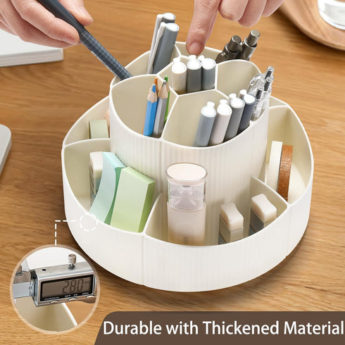 Rotating Desk Organizer, 360° Pencil Pen Holder with 11 Slots, Art Supply Storage Box Caddy for Office (Beige)