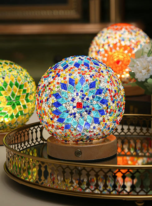 3 Dimming (style2-blue) Romantic Night Light, Nordic Style Mosaic Glass Table Lamp Rechargeable Bedside Lamp Color