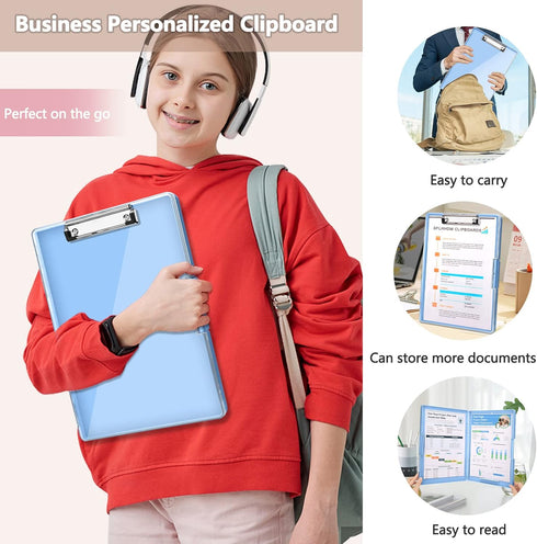Clipboard with Storage, Heavy Duty Clip Boards 8.5x11 with 2 Storage Cases, Clear Top Panel for Office Supplies (Aqua