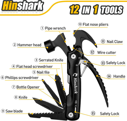 Hinshark Gifts for Men - Hammer Multitool Camping Accessories, Unique Birthday Gifts for Him, Dad, Boyfriend