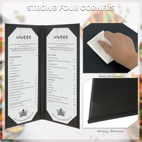 IVWNNN 4.25'' 11'' 6 Pack x Menu Covers Black PU Leather Menu Holders Book Style with Angled Corners Double View Menu