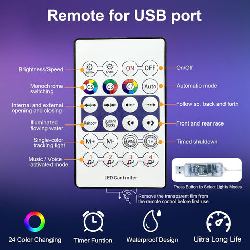 24 (1 Pack, 17ft) Aogist Modes RGB Color Changing String Light with Remote and Timer, Music & Mic Sync, USB & Battery