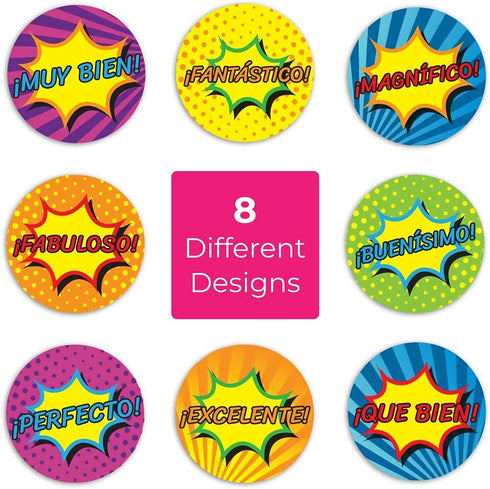 SBLABELS Spanish Reward Stickers, 500 Teacher Classroom Stickers, 8 Alternating Superhero Comic Designs, 1.5"