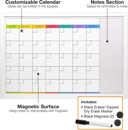 Excello Global Products Magnetic Dry Erase Calendar Whiteboard, Large 20"x30" Weekly Monthly Format Planner