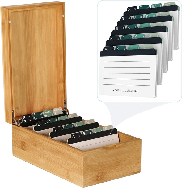 MaxGear Bamboo Index Card Holder, 3 x 5 Inch Organizer with 4 Dividers, Holds 600 Cards