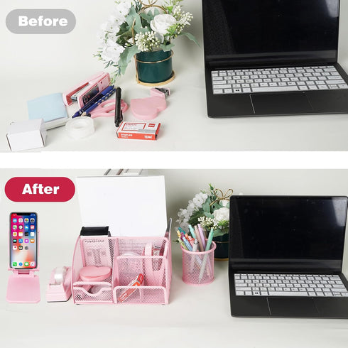 Pink Desk Organizers and Accessories, Mesh Office Supplies Set with Tape Dispenser, Stapler, Phone Holder, Scissors