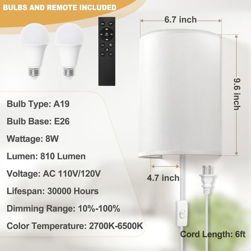 GOODATE 2700K-6500K Dimming, Set Bulbs Plug in Wall Sconces, Stepless Colors & Stepless Wall Sconces of Two with Remote