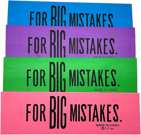 Huge 6.75" Colorful Rubber Pencil Erasers, Rectangular Shape, 4 Pack (4 Colors) for Big Mistakes