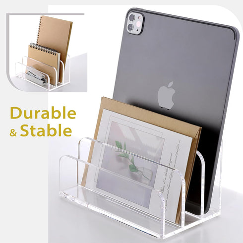 SANRUI Acrylic Mail File Organizer, 3 Upright Compartments, Clear Desktop Vertical Letter Holder for Office, Home