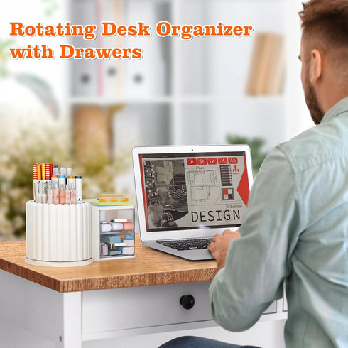 LETURE Rotating Office Desk Organizers with 2 Drawers, Pencil Pen Marker Holder for Home, Art Supplies (White)