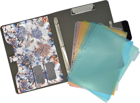 Padfolio Ring Binder with Color File Folders, Flower Painting PU Leather Organizer Portfolio (Blue)
