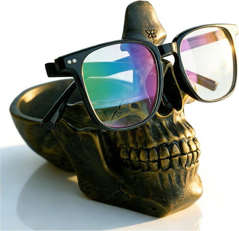 VIPbuy Skull Glasses Holder Stand with Storage Tray Novelty Eyeglass Holder Rack for Nightstand, Resin Skull Head