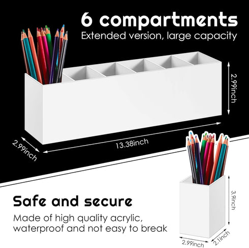 Jetec Acrylic Pencil Holder 6 Compartments Pen Holder Stationery Organizer Makeup Storage Box for Desk Accessories, Cosmetic Brushes, Office, Dorm, Bathroom, Kitchen Supplies (White) by Jetec