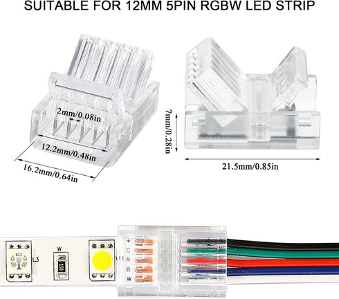 RGB LED Light Strip Connectors, 20 Waterproof Solderless LED Adapter Connectors for 5V 12V 24V (5 Pin, 12 mm)