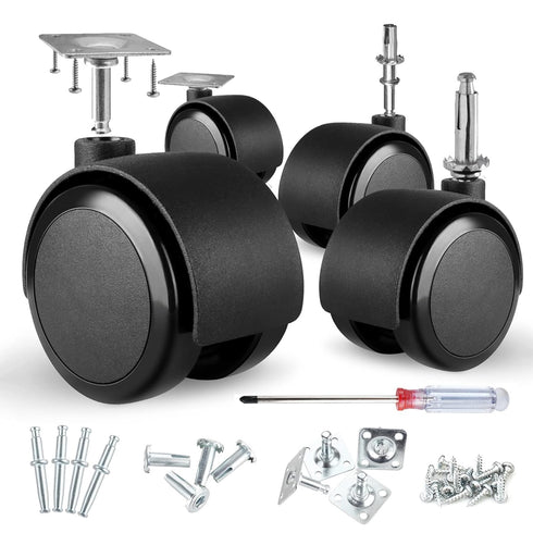 2 Inch Caster Wheels Set of 4, Heavy Duty 1000LBS Load Capacity, 5/16 Inch Valve Stem & Rotating Top Plate, Black