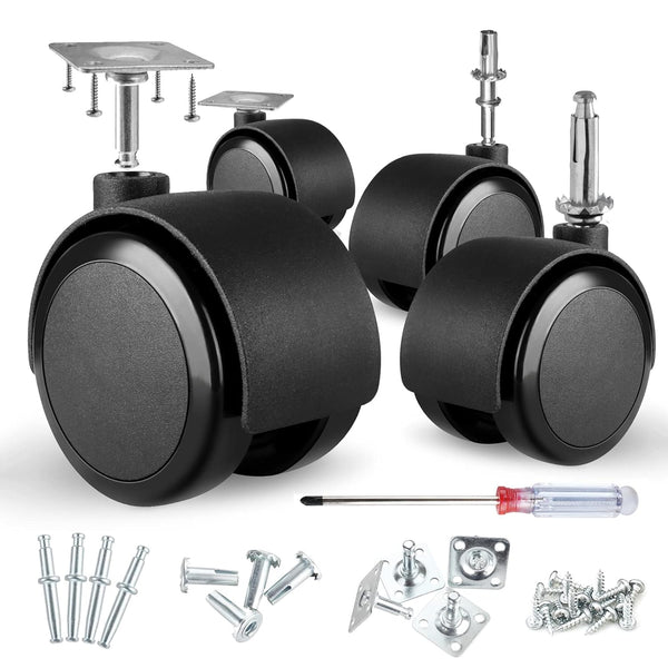 2 Inch Caster Wheels Set of 4, Heavy Duty 1000LBS Load Capacity, 5/16 Inch Valve Stem & Rotating Top Plate, Black