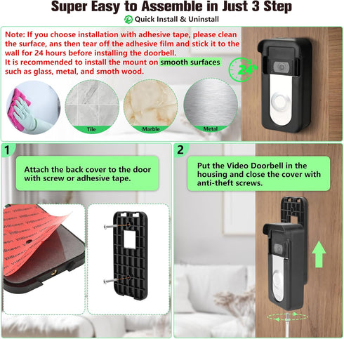 Upgrade Adhesive Doorbell Mount - Compatible with Video Doorbell 1/2/3/3 Plus/4, Easy Installation, No-Drill