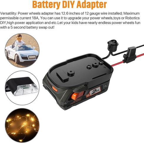 Power Wheel Adapter with Fuse & Switch, Secure Battery Adapter for Ridgid AEG 18V Hyper Lithium Battery, with 12 Gauge Wire,Good Power Convertor for DIY Ride On Truck,Robotics,RC Toys and Work Lights