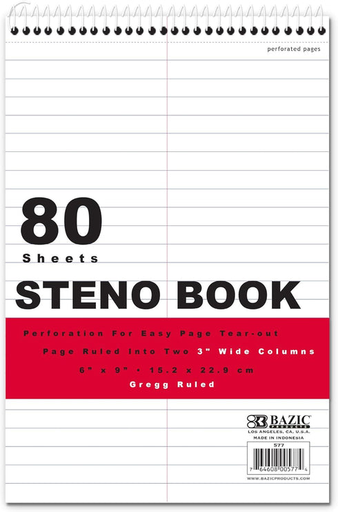 BAZIC Perforated Writing Pad, 80 Sheets 6"x9" White Gregg Ruled Steno Book for Office School, 1-Pack