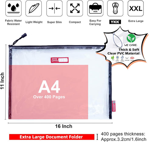 Rough Enough Clear Plastic File Folder Document Holder Bag, Zipper Pouches for Organizing A4 Paper, Office Supplies