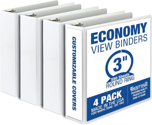 Samsill Economy 3 Inch 3 Ring Binder, Made in The USA, Round Ring Binder, Customizable Clear View Cover, White, 4 Pack