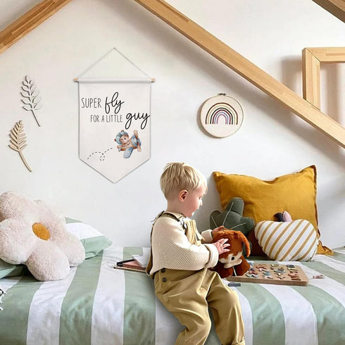 ArtisaEura Airplane Nursery Wall Canvas Banners, Bear Nursery Decor, Super Fly for a Little Guy Hanging Display Pennant