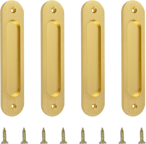 Oval Recessed Sliding Door Pulls, 4PCS Matte Gold Aluminum Alloy Handles with Screws for Sliding Doors Cabinets
