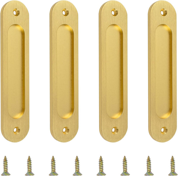 Oval Recessed Sliding Door Pulls, 4PCS Matte Gold Aluminum Alloy Handles with Screws for Sliding Doors Cabinets