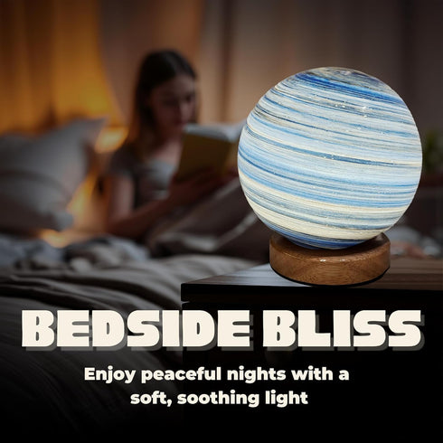 Pexylun 3 Dimmable White Planet Night Light Glass Bedside with Wooden Base Modes - Swirl Planet Table Lamp for Bedroom