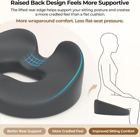Tailbone, TushGuard Ergonomic Donut Pillow Seat Cushion with Raised Rear Support, Large Memory Foam Cushion