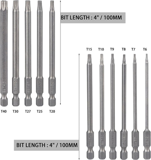 Set 11 4 Inch Set S2 1/4" T6-T40 YDLQWCZ Torx Bit Piece long Security Tamper Proof Star Bit Steel Hex Shank Magnetic