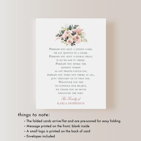 5.5x4.25 Sympathy Acknowledgement Cards with Envelopes, Personalized Funeral Thank You Cards with Poem and Pink Flowers