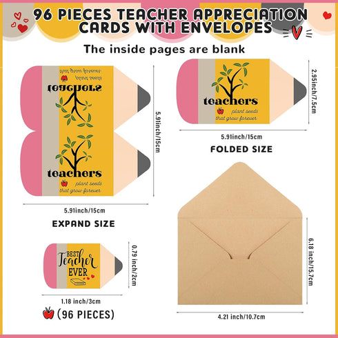96 Sets 6 Spakon Teacher Appreciation Gifts Teacher Thank You Cards Bulk with Envelope and Sticker Pencil Shape Cards