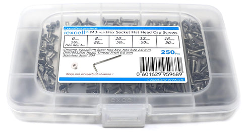 iexcell 250 Pcs M3 x 6/8/10/12/16 Stainless Steel 304 Hex Socket Flat Head Cap Screws Assortment Kit