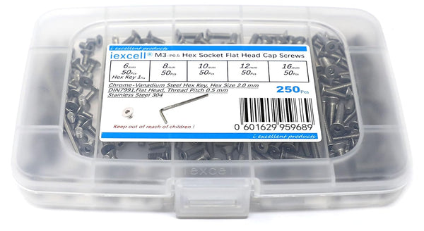 iexcell 250 Pcs M3 x 6/8/10/12/16 Stainless Steel 304 Hex Socket Flat Head Cap Screws Assortment Kit