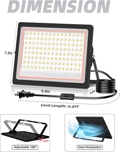 120W 14400LM 6ft 5000K IP66 2 Pack TigQiang Plug in Flood Light Outdoor, Brighter Exterior Security Lights Floodlight
