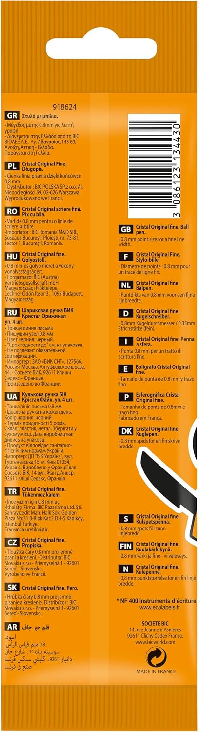 Bic Cristal Fine Ballpoint Pen, Pack of 4 Black