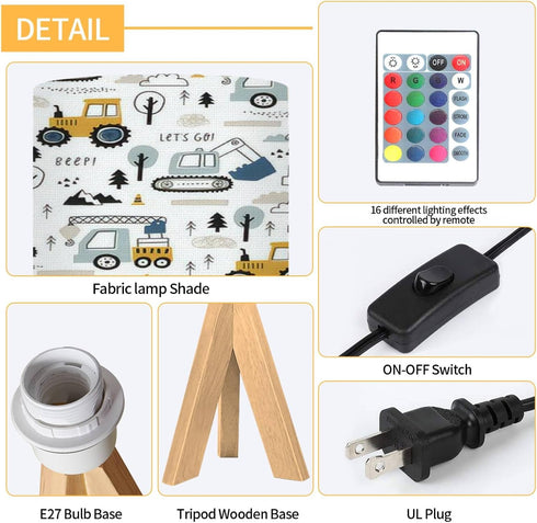 DQWIJAKX91 bulldozer Seamless Dimmable Tripod Table Lamp Hand drawn cute Truck crane excavator Boho pattern Modern
