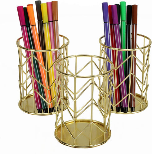 Yopay 4 Pack Pencil Cups, Round Wire Metal Pen Cups, Cylindrical Desktop Organizer for Office School Home, Golden,