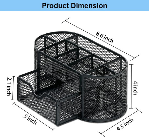 AUSTARK Desk Organizer Stationery Storage, Pencil Holder for Desk, Wire Mesh Office Supplies Desk Accessories & Workspace Organizers with 9 Compartments and Mini Drawer (Black) by AUSTARK