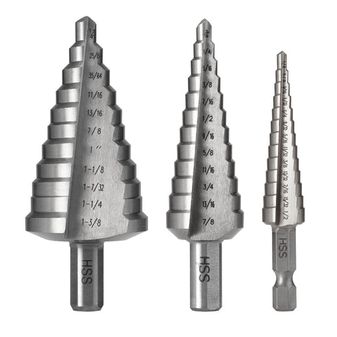 4241 HSS Large Step Drill Bits Set, 1/2", 7/8", & 1-3/8" for Hole Drilling in Iron, Copper, Aluminum, Wood